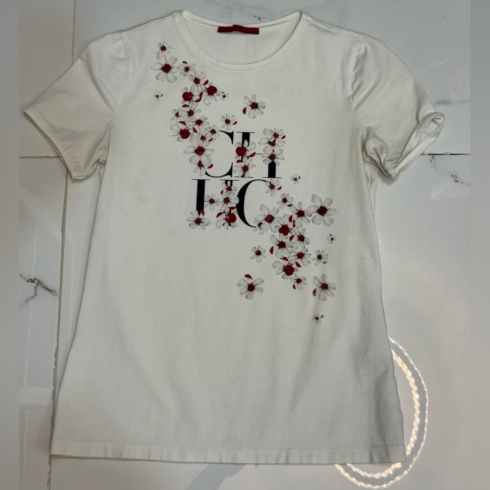 Carolina Herrera White Tee with Red Floral Accents